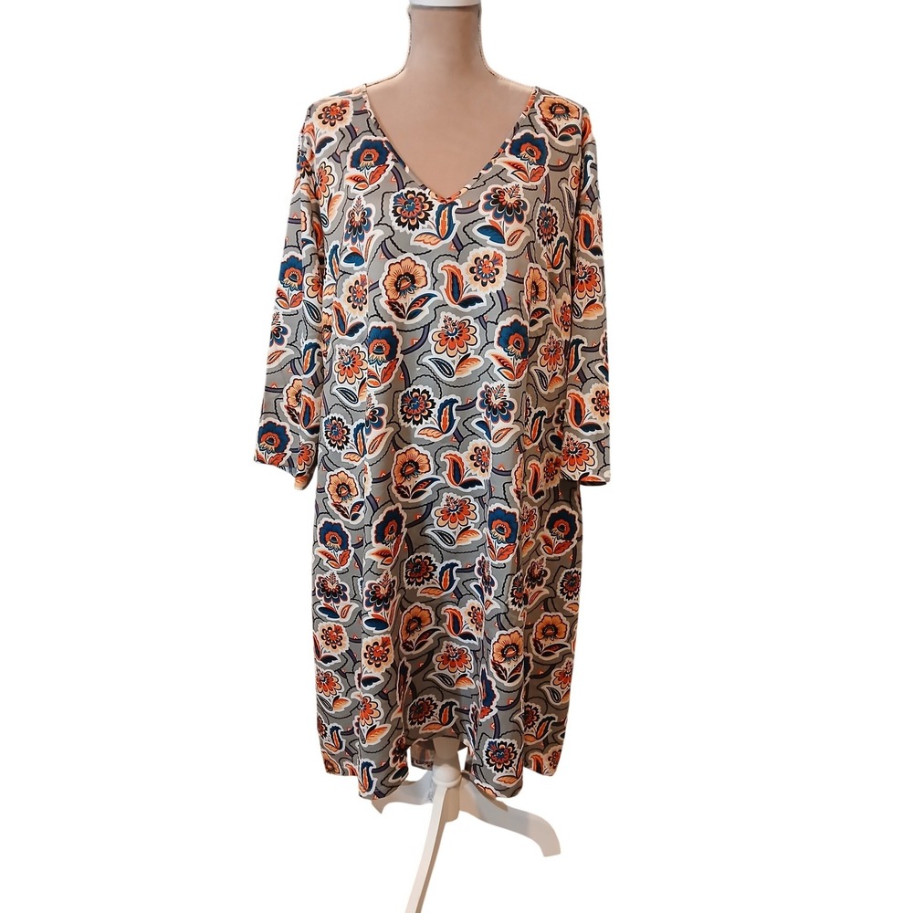 Isabel + Alice Women 3X Floral V-Neck Shift Dress Grey Orange Hi Lo 3/4 Sleeve